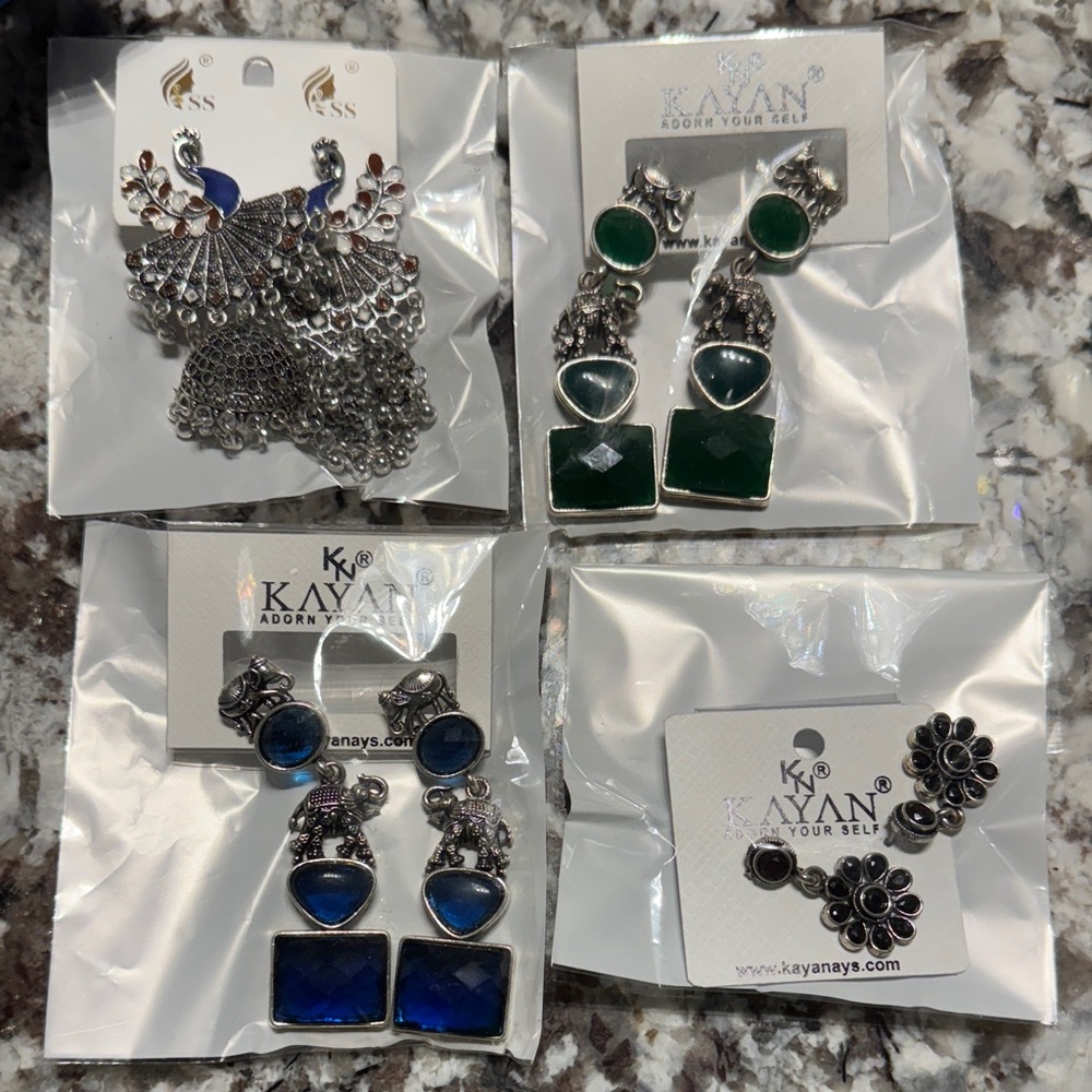 NIP One Set Silver /Black/ and Blue Pierced Exotic Boho Earrings